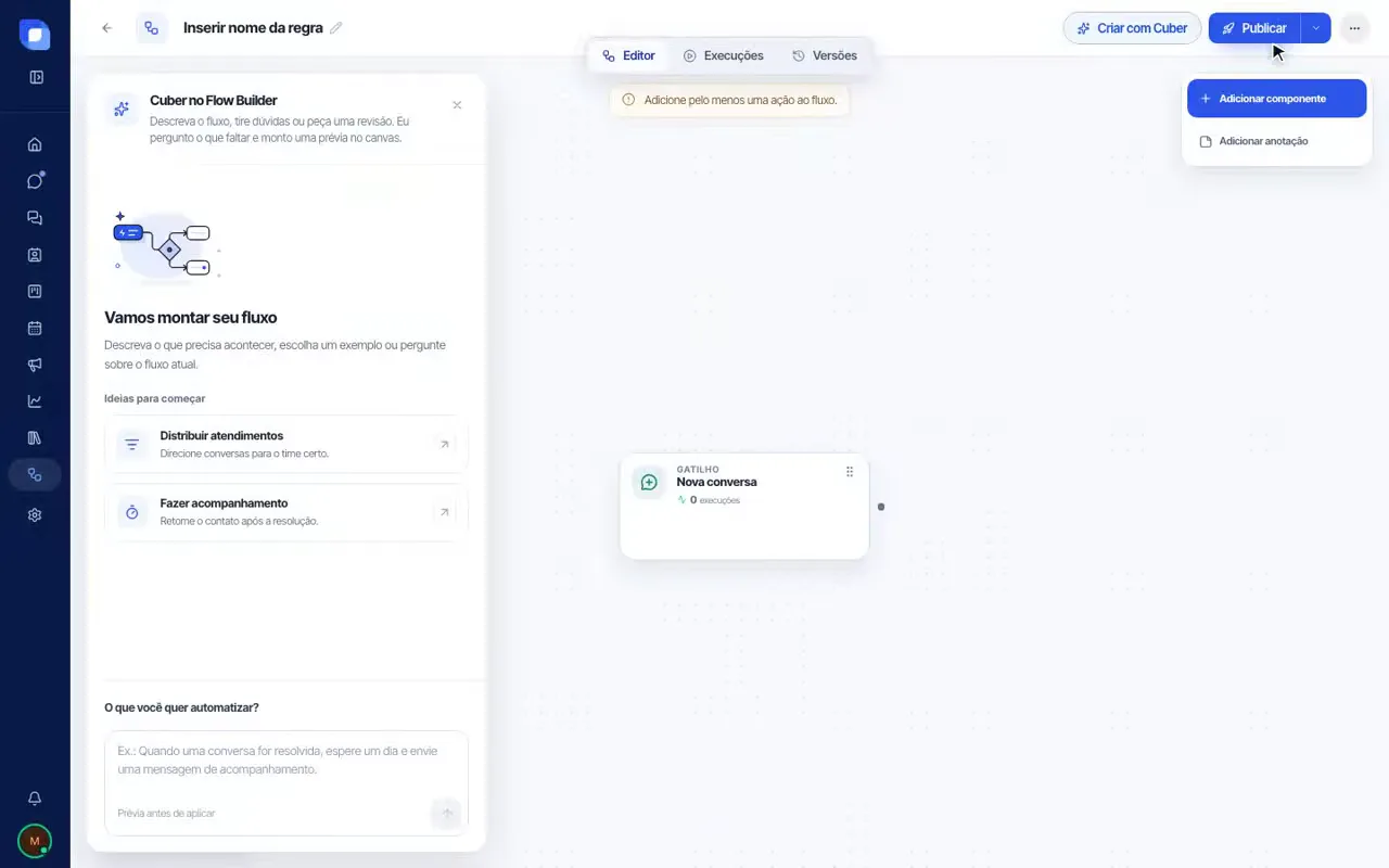 Tela de Automação do Cubo Chat: Ofertas, avisos e distribuição sem trabalho manual