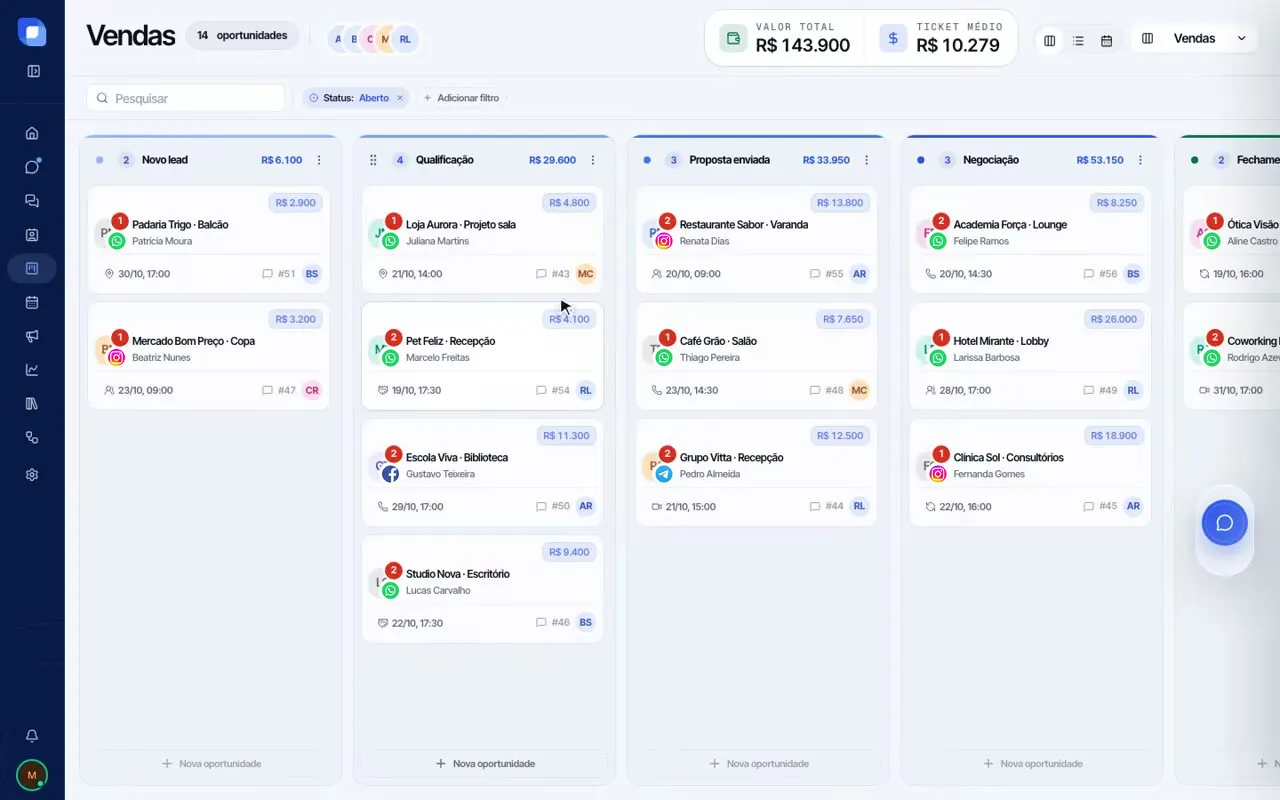 Tela de CRM de pedidos do Cubo Chat: Pedidos e oportunidades em funil