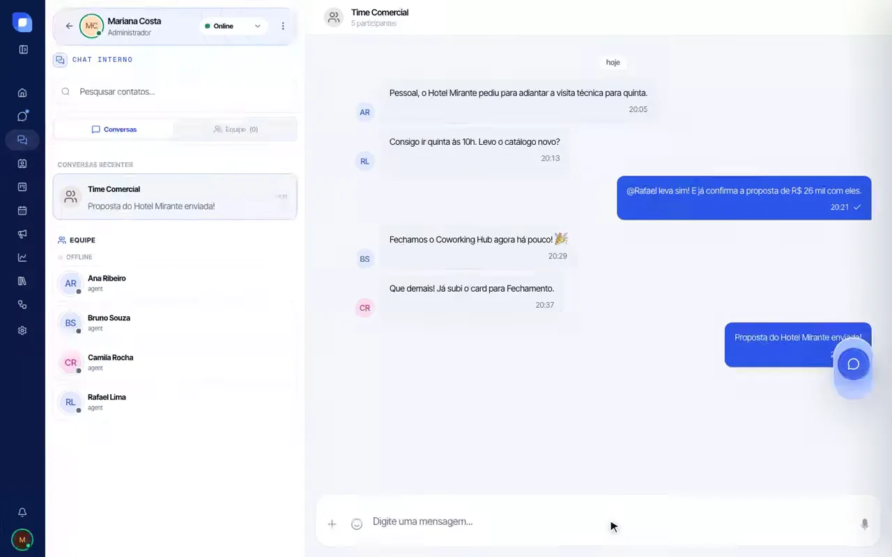 Tela de Chat interno do Cubo Chat: Lojas, compras e marketing no mesmo lugar
